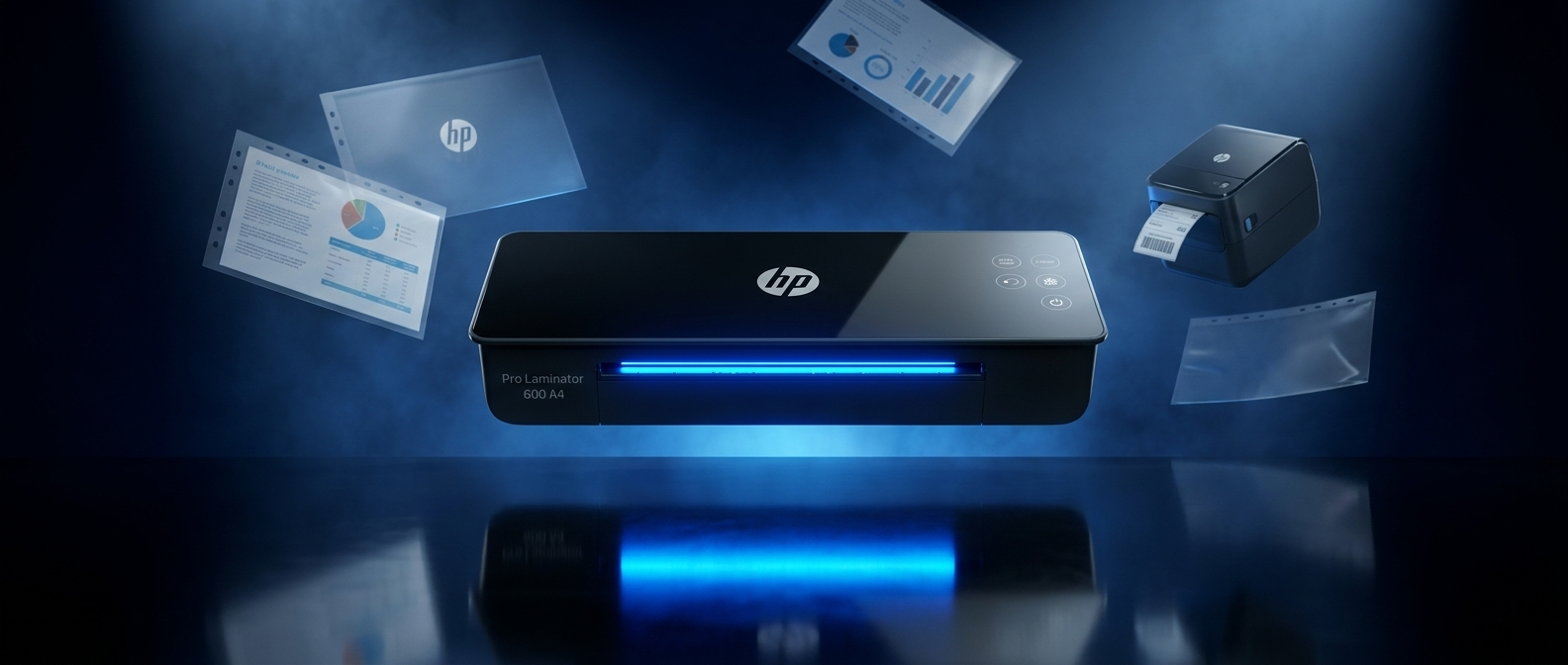 TWO STEPS — HP Pro Laminator 600 with floating documents, label printer and laminating films